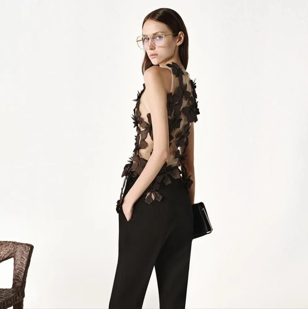 Floral Embellished Sleeveless Top - Cream and Brown - Picture 7 of 8